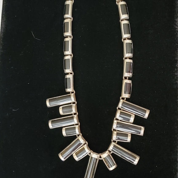 Heavy Vintage Mexico Sterling black onyx inlay Necklace - Picture 3 of 15